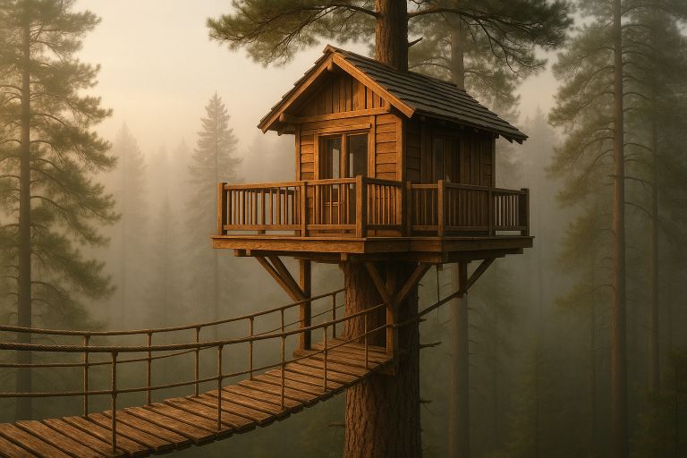 Wooden treehouse above misty forest
