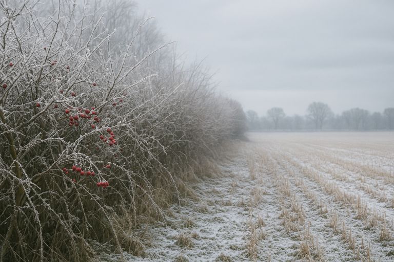 Frosted hedgerow with red berries