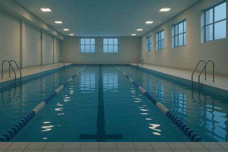 Calm indoor pool with lane ropes