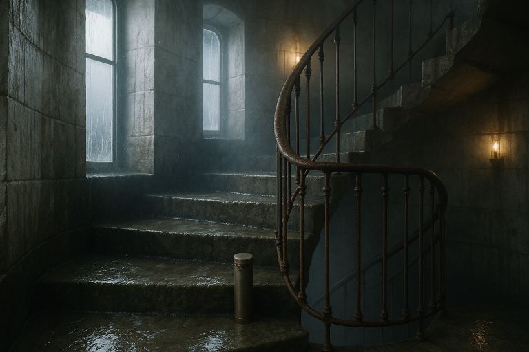 Worn spiral stairs inside lighthouse