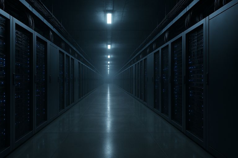 Blue-lit corridor of humming servers