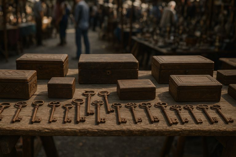 Old wooden boxes and rusty keys