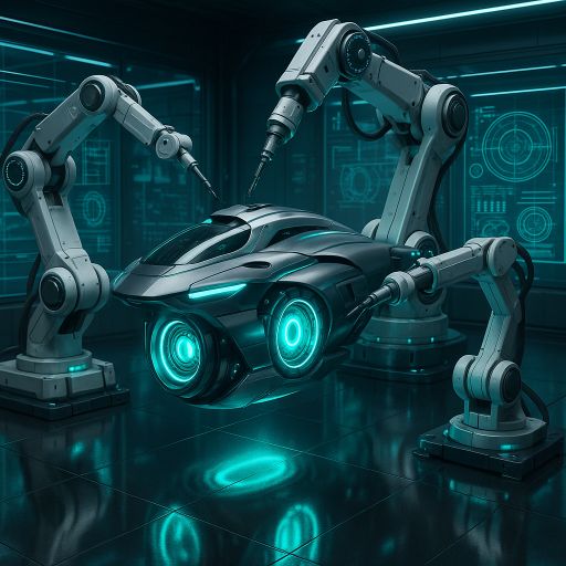 Robotic arms service a gleaming hovercraft engine