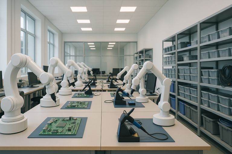 Robotic arms and circuit boards on benches