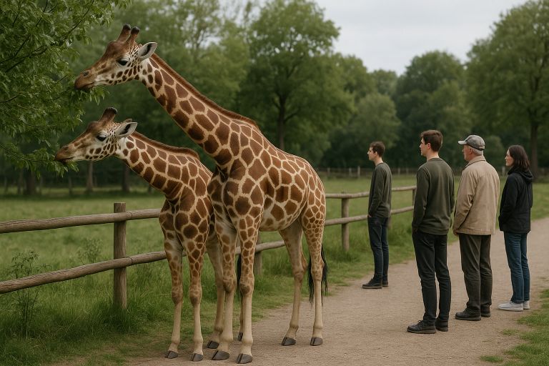 Giraffes browse leaves beside wooden fence