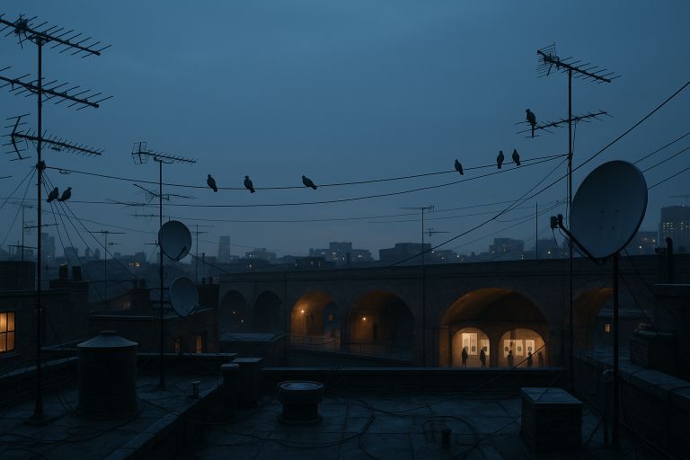 city rooftop aerials and dishes at dusk