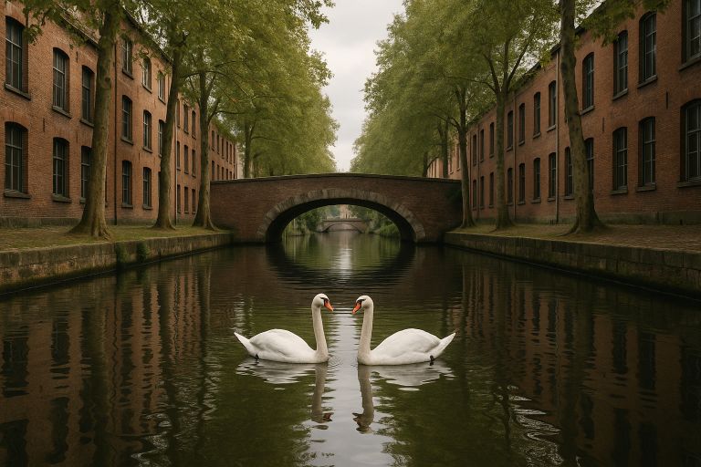 Mute swans glide under brick bridge