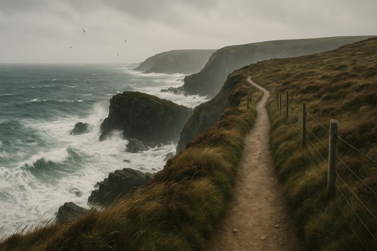 Windy clifftop path above waves