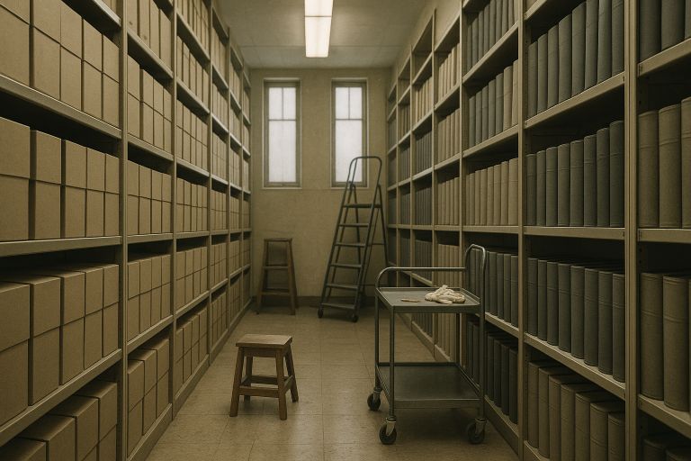 Narrow aisles of archive shelves