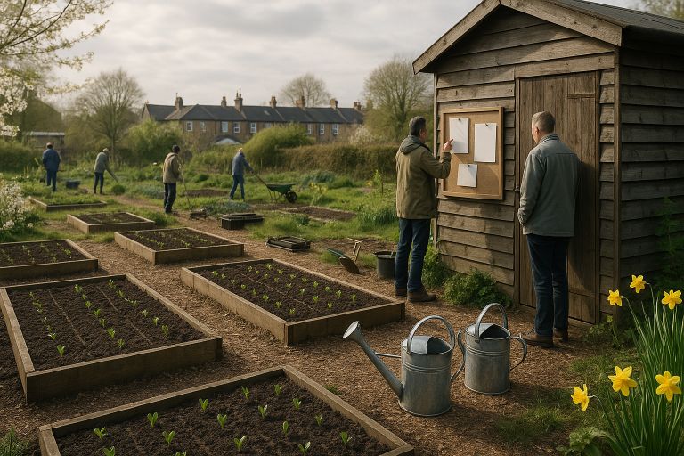 Raised beds with watering cans beside shed