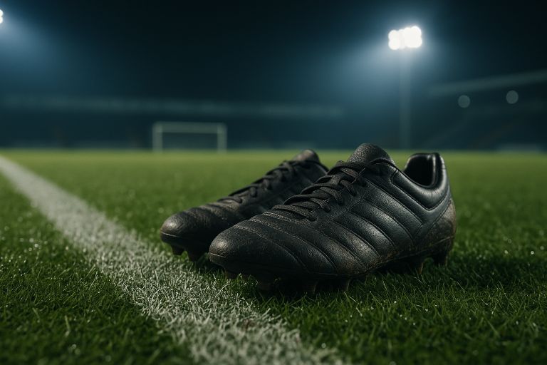 Boots by chalked touchline under floodlights