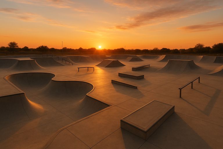 Empty concrete skatepark at sunset