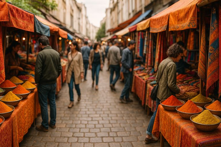 Stalls with bright fabrics and spices