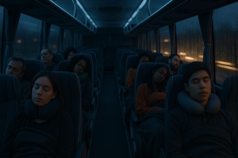 sleeping passengers on night coach