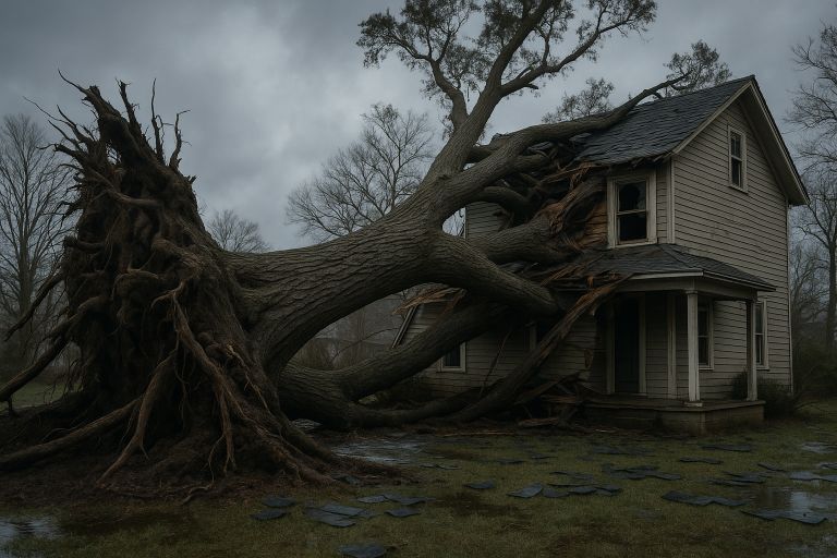 Uprooted tree next to damaged house