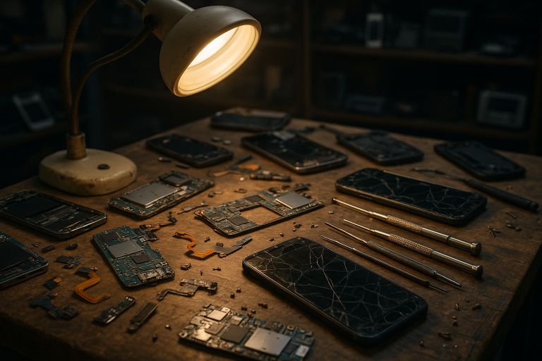 Cluttered workbench with disassembled mobile phones