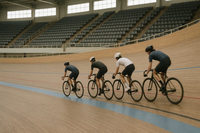 cyclists on banked track in motion