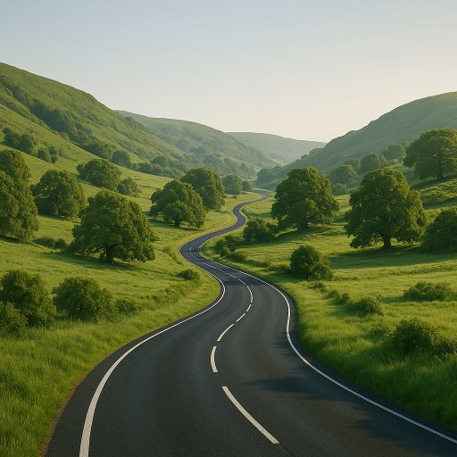 Winding road through a green valley