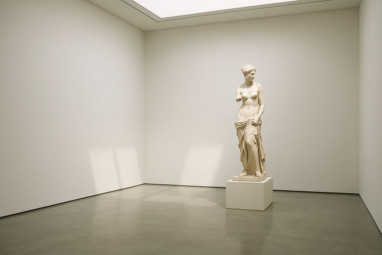 White room with lone marble statue