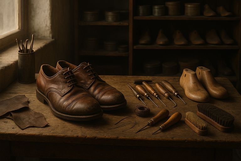 Worn leather shoes on cobbler's bench