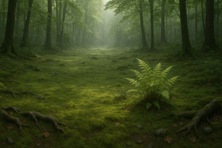 Mossy clearing with sunlit ferns
