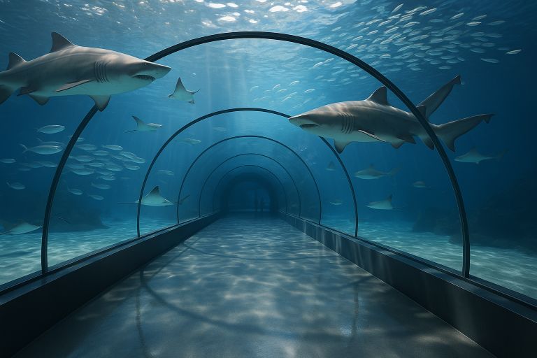 Blue-lit aquarium tunnel with sharks