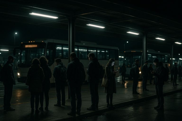 Night bus station with people waiting
