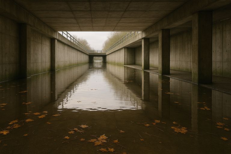 flooded underpass with floating leaves