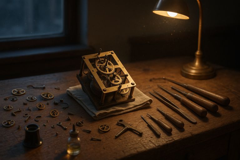 Brass gears scattered on worn bench