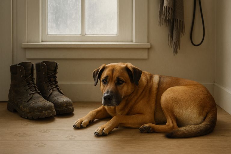 Calm dog curled beside muddy boots