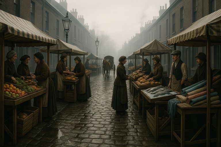 Victorian market stalls on cobbled street