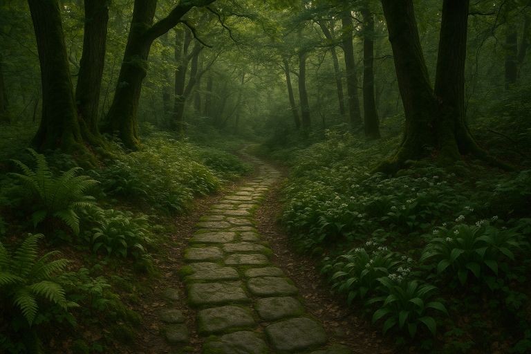 Sunken flagstones leading into dark woods