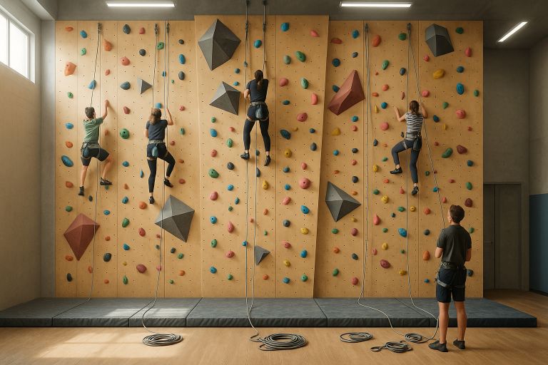 Climbers on colourful indoor wall