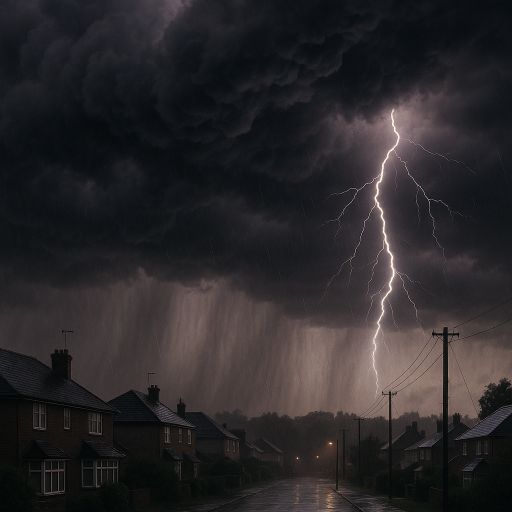 Dark storm clouds gathering over houses