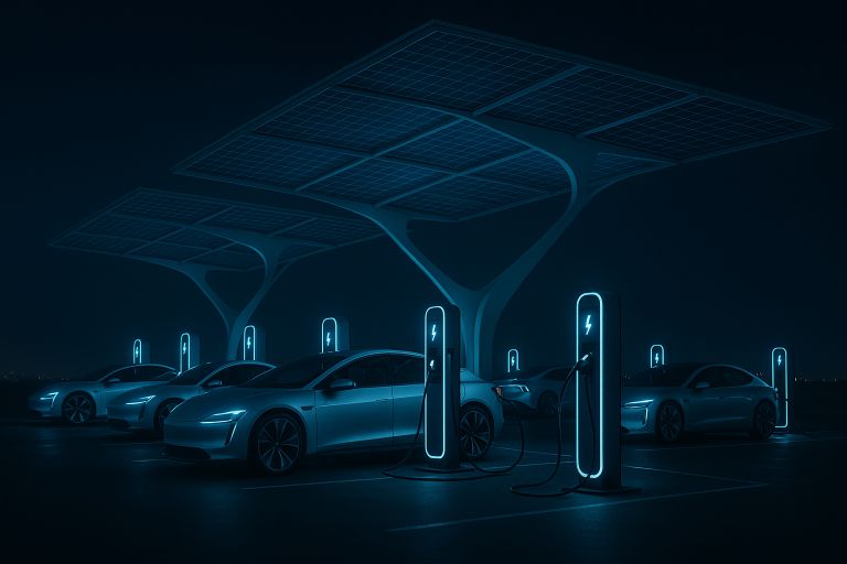 Rows of electric cars charging at night