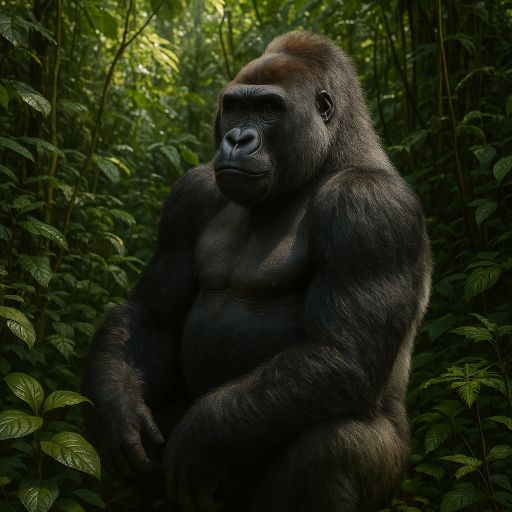 A silverback gorilla sits in jungle foliage