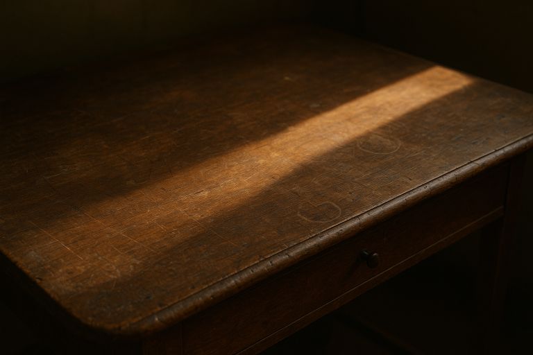 Scratched old wooden desk in sunlight