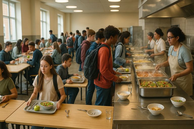 crowded school canteen trays and chatter