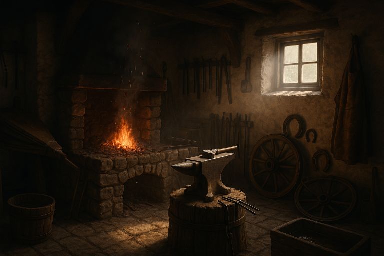 Glowing coals in village smithy