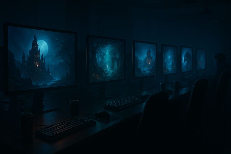 Monitors glow in dark gaming room