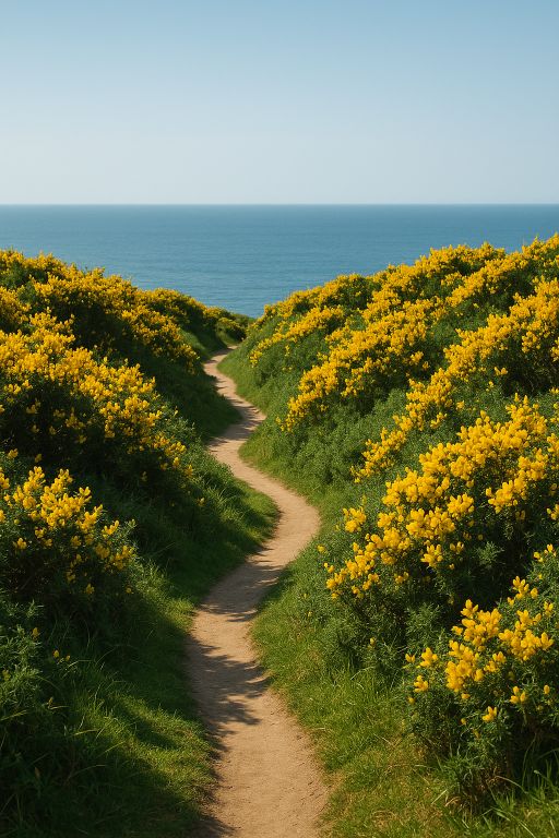 Path winding through gorse towards sea