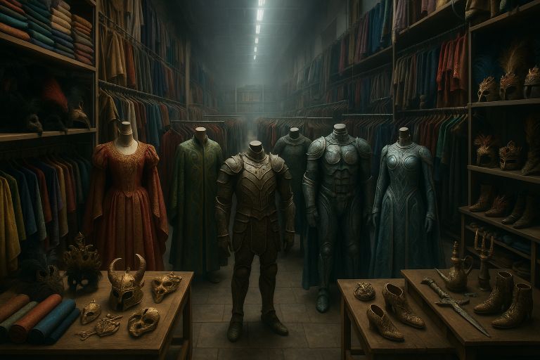 Mannequins amid rows of theatrical costumes