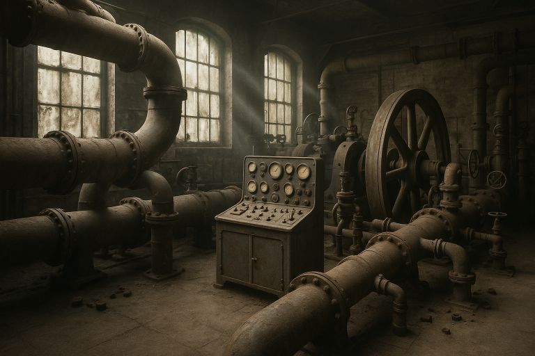 Dusty dials and pipes in engine room