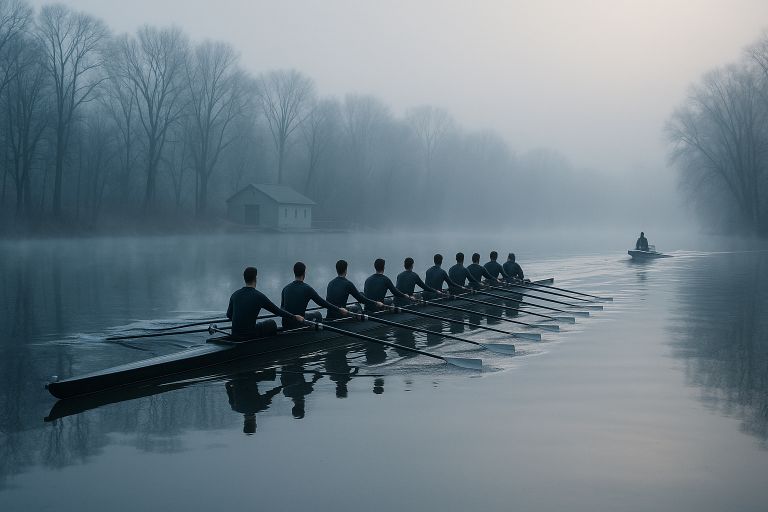 Crew boat cutting flat river