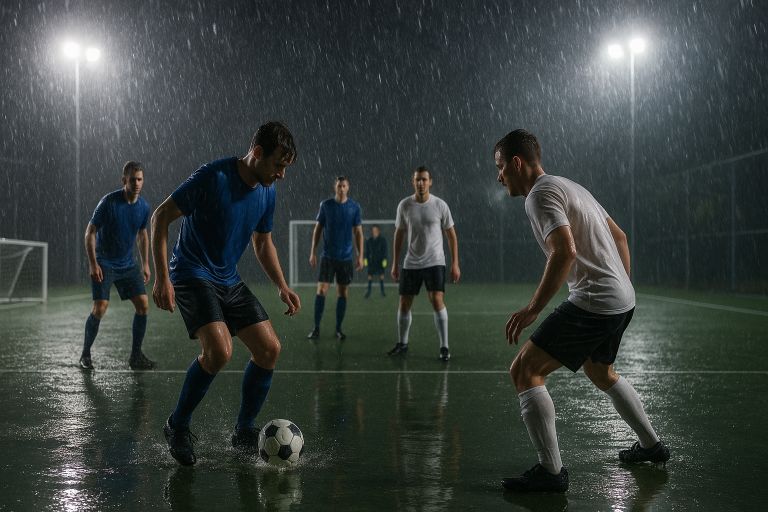 Floodlit five-a-side in heavy rain