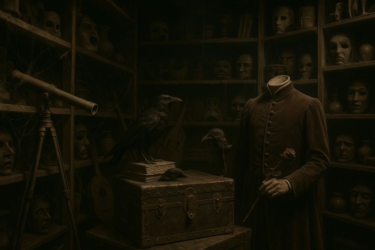 Dusty props on shelves in room