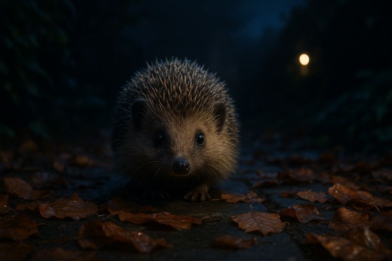 Hedgehog among fallen leaves at night