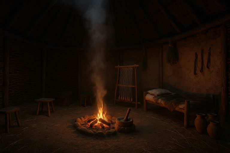 Firelit roundhouse with woven walls