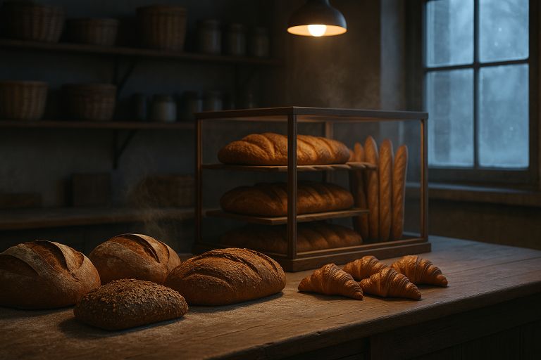 Morning loaves and croissants on counter