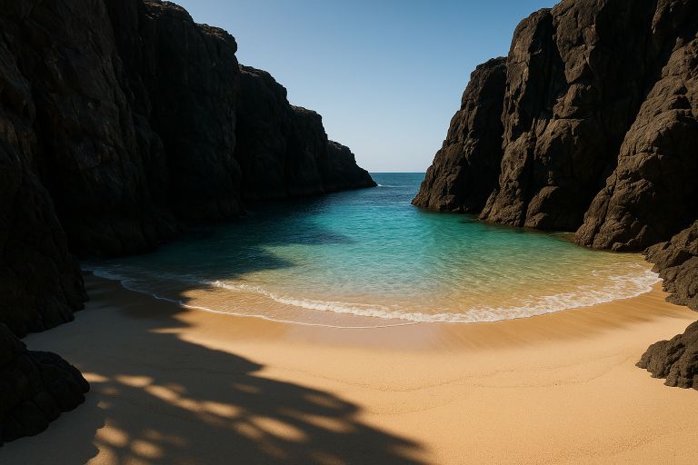 Secluded sandy cove between dark rocky cliffs